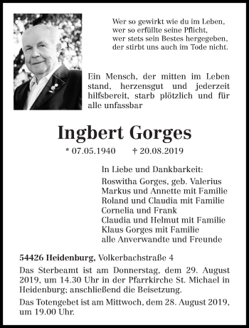 Todesanzeige von Ingbert Gorges von trierischer_volksfreund