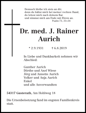 Todesanzeige von J. Rainer Aurich von trierischer_volksfreund