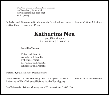 Todesanzeige von Katharina Neu von trierischer_volksfreund
