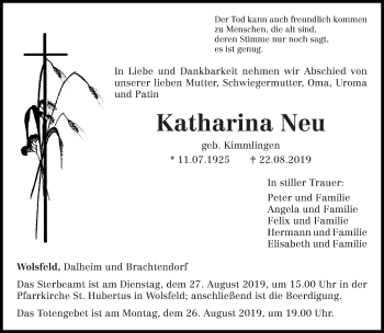 Todesanzeige von Katharina Neu von trierischer_volksfreund