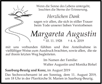 Todesanzeige von Margareta Augustin von trierischer_volksfreund