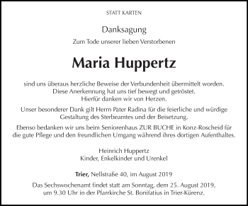 Todesanzeige von Maria Huppertz von trierischer_volksfreund