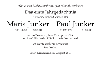 Todesanzeige von Maria und Paul Jünker von trierischer_volksfreund