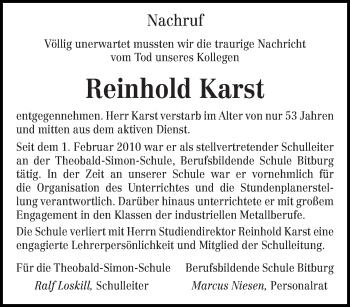 Todesanzeige von Reinhold Karst von trierischer_volksfreund