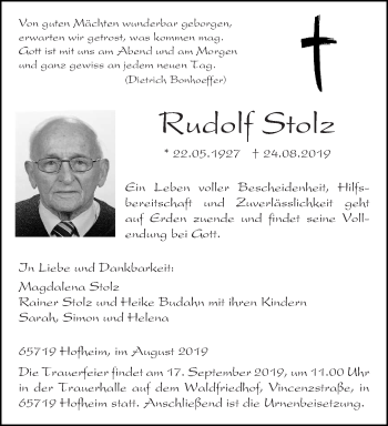 Todesanzeige von Rudolf Stolz von trierischer_volksfreund