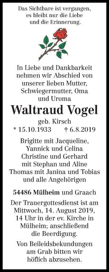 Todesanzeige von Waltraud Vogel von trierischer_volksfreund