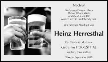 Todesanzeige von Heinz Herresthal von trierischer_volksfreund