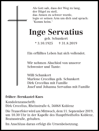 Todesanzeige von Inge Servatius von trierischer_volksfreund