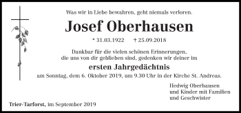 Todesanzeige von Josef Oberhausen von trierischer_volksfreund