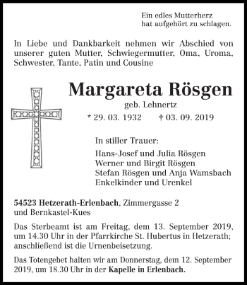 Todesanzeige von Margareta Rösgen von trierischer_volksfreund