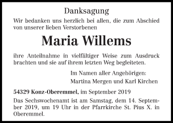 Todesanzeige von Maria Willems von trierischer_volksfreund