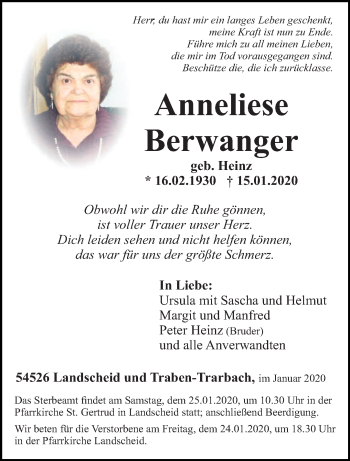 Todesanzeige von Anneliese Berwanger von trierischer_volksfreund
