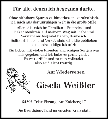Todesanzeige von Gisela Weißler von trierischer_volksfreund