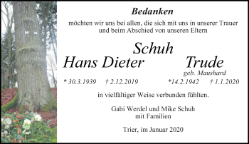 Todesanzeige von Hans Dieter und Trude Schuh von trierischer_volksfreund