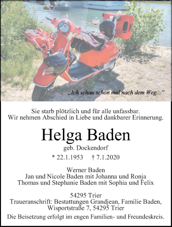 Todesanzeige von Helga Baden von trierischer_volksfreund