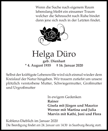 Todesanzeige von Helga Düro von trierischer_volksfreund