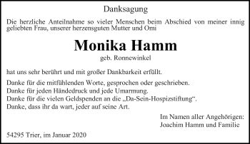 Todesanzeige von Monika Hamm von trierischer_volksfreund