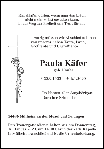 Todesanzeige von Paula Käfer von trierischer_volksfreund