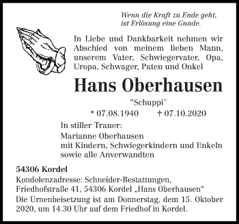 Todesanzeige von Hans Oberhausen von trierischer_volksfreund