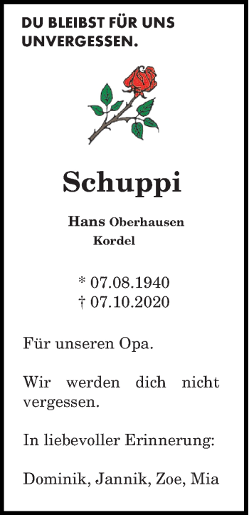 Todesanzeige von Hans Oberhausen von trierischer_volksfreund