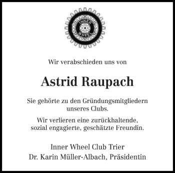 Todesanzeige von Astrid Raupach von trierischer_volksfreund