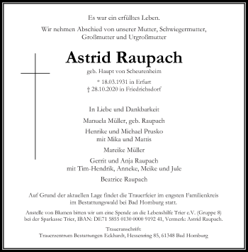 Todesanzeige von Astrid Raupach von trierischer_volksfreund