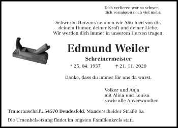 Todesanzeige von Edmund Weiler von trierischer_volksfreund