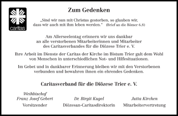 Todesanzeige von Zum Gedenken Caritasverband für die Diözese Trier e. V. von trierischer_volksfreund