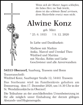 Todesanzeige von Alwine Konz von trierischer_volksfreund