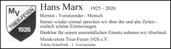 Todesanzeige von Hans Marx von trierischer_volksfreund