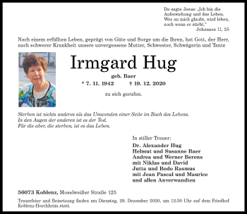 Todesanzeige von Irmgard Hug von trierischer_volksfreund