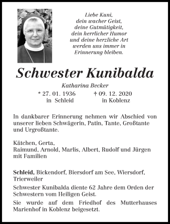 Todesanzeige von Katharina Becker von trierischer_volksfreund