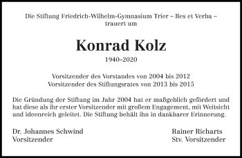 Todesanzeige von Konrad Kolz von trierischer_volksfreund