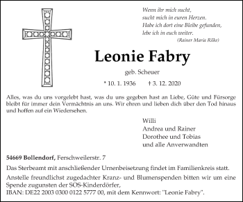 Todesanzeige von Leonie Fabry von trierischer_volksfreund