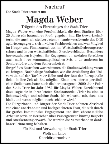 Todesanzeige von Magda Weber von trierischer_volksfreund