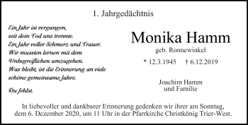 Todesanzeige von Monika Hamm von trierischer_volksfreund