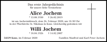 Todesanzeige von Alice und Willi Jochem von trierischer_volksfreund