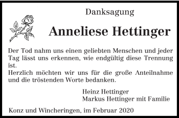 Todesanzeige von Anneliese Hettinger von trierischer_volksfreund