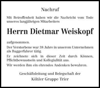 Todesanzeige von Dietmar Weiskopf von trierischer_volksfreund