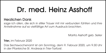 Todesanzeige von Heinz Asshoff von trierischer_volksfreund