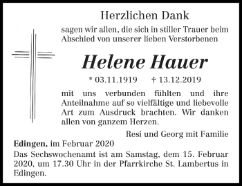 Todesanzeige von Helene Hauer von trierischer_volksfreund