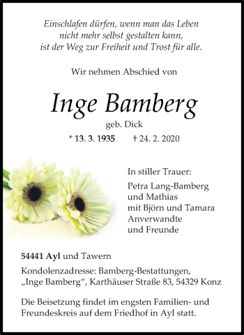 Todesanzeige von Inge Bamberg von trierischer_volksfreund