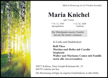 Todesanzeige von Maria Knichel von trierischer_volksfreund