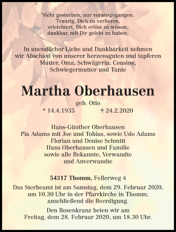 Todesanzeige von Martha Oberhausen von trierischer_volksfreund