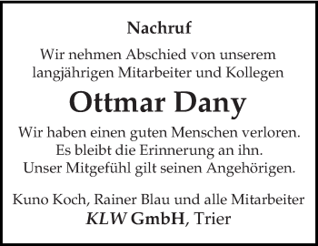 Todesanzeige von Ottmar Dany von trierischer_volksfreund