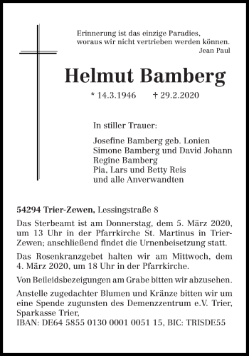 Todesanzeige von Helmut Bamberg von trierischer_volksfreund