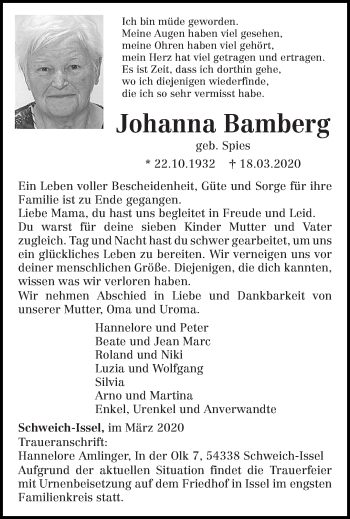 Todesanzeige von Johanna Bamberg von trierischer_volksfreund