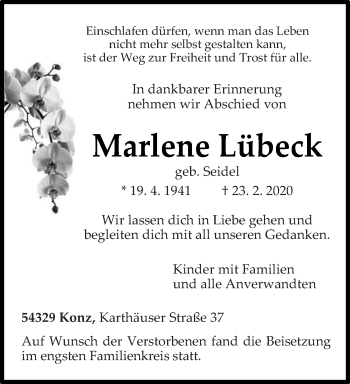 Todesanzeige von Marlene Lübeck von trierischer_volksfreund
