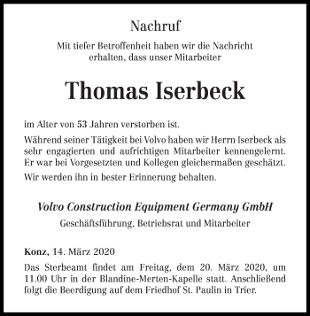 Todesanzeige von Thomas Iserbeck von trierischer_volksfreund