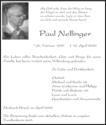 Todesanzeige von Paul Nellinger von trierischer_volksfreund